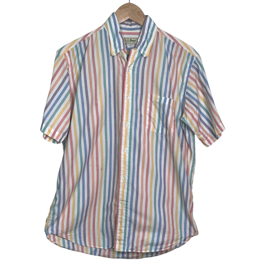 L.L. Bean Made in USA Medium 100% Cotton Pastel Striped Short Sleeve Camp Shirt